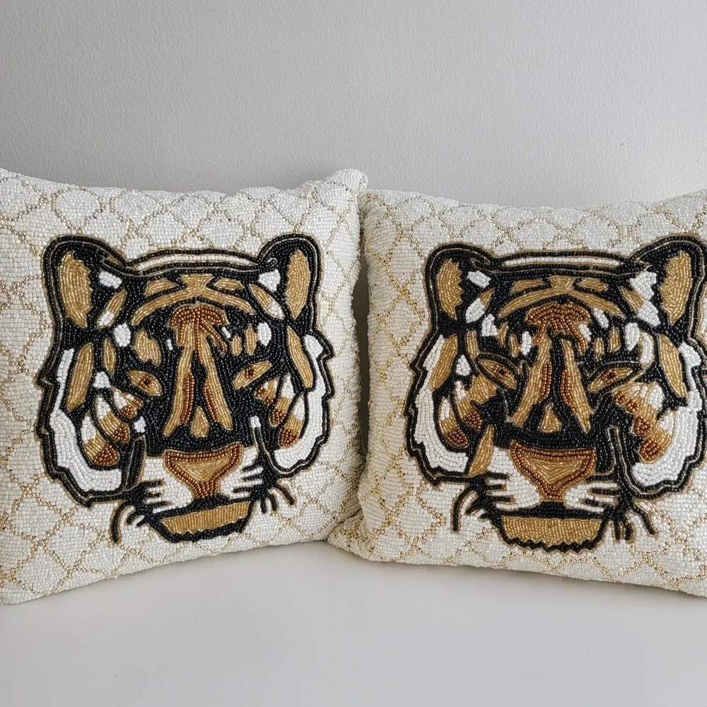 Tiger Beaded Throw Pillows‎ Set of 2 Cream Gold Safari Decor 14in Square